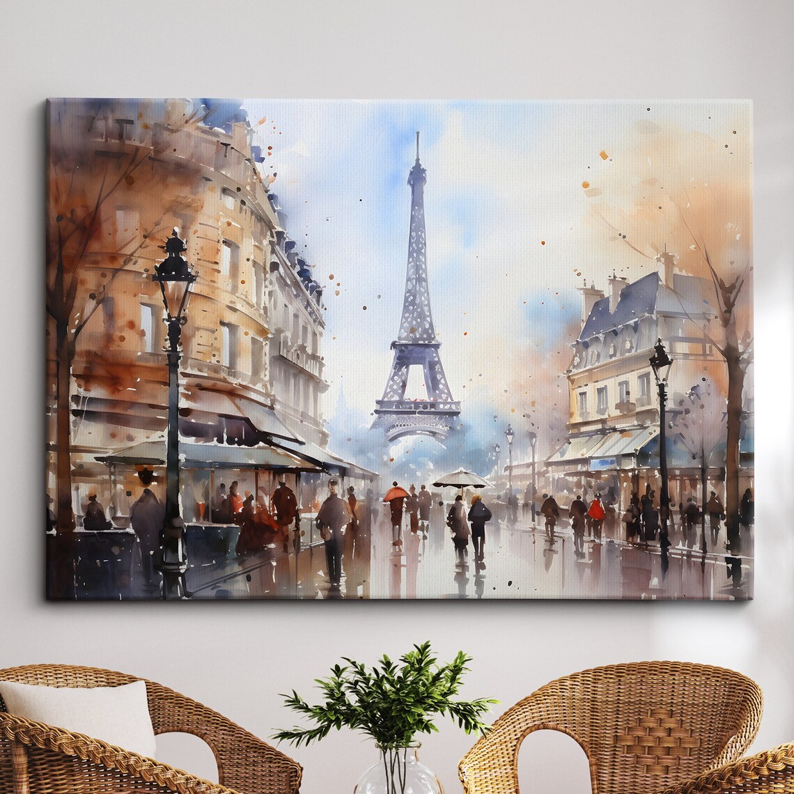 Paris Eiffel Tower Rainy Street Watercolor Cityscape Wall Art