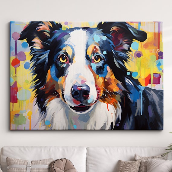 Colorful Border Collie Dog Pet Abstract Modern Oil Painting Wall Art Framed Canvas Poster Print Home Kitchen Living Room Decor