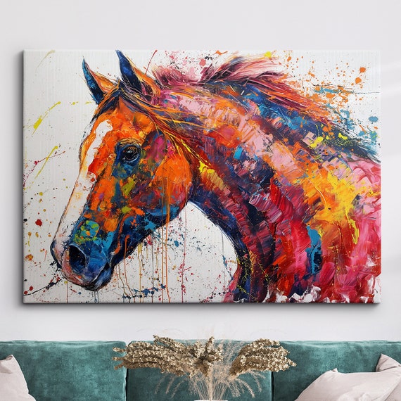 Colorful Horse Animal Abstract Oil Painting Paint Splatter Style Wall Art Framed Canvas Poster Print Home Living Room Decor Fun Gift