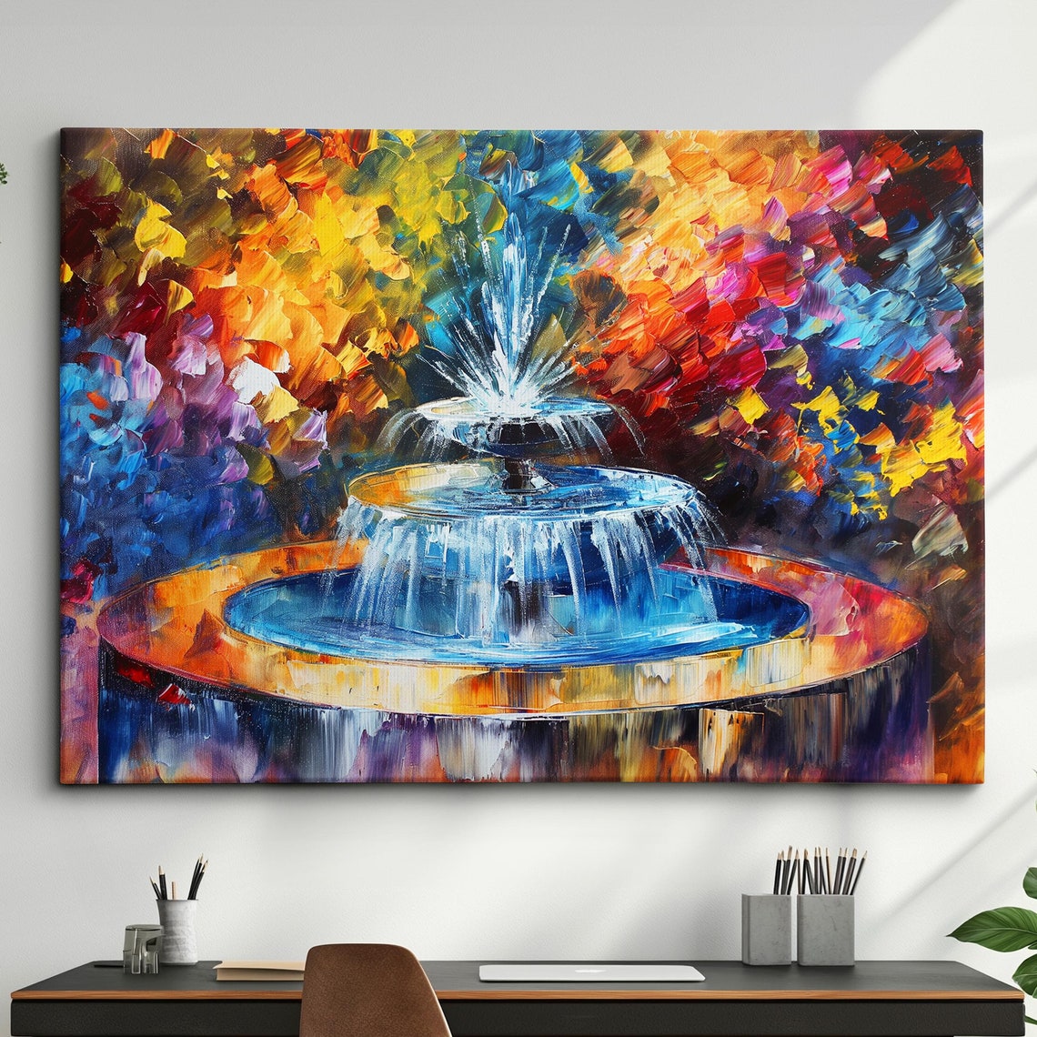Colorful Garden Fountain Abstract Impasto Oil Painting Poster
