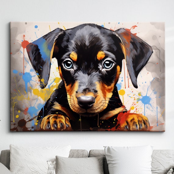Colorful Baby Dobermann Dog Pet Abstract Modern Oil Painting Wall Art Framed Canvas Poster Print Home Kitchen Office Room Decor Gifts