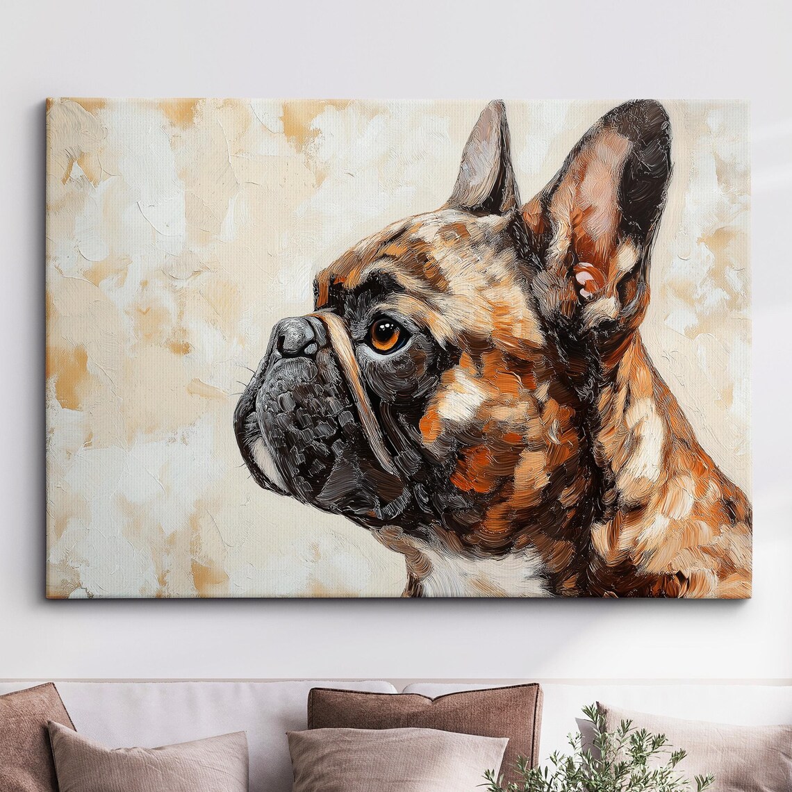 French Bulldog Brindle Profile Portrait Warm Oil Painting Poster