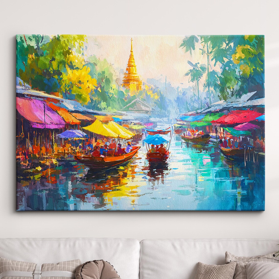 Thailand Floating Market Golden Temple Bright Oil Painting Poster