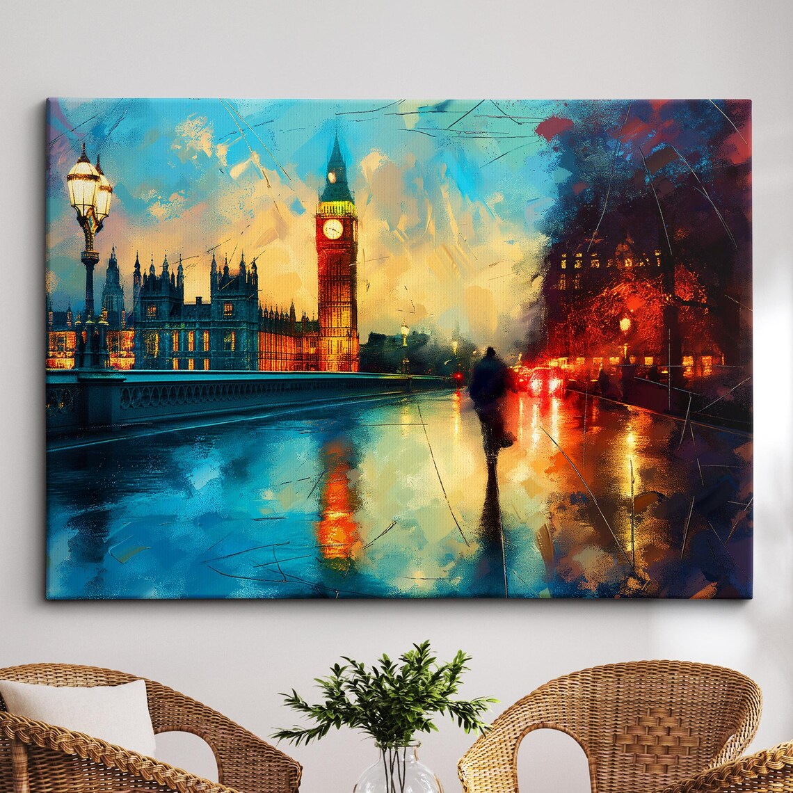London Big Ben Dusk Westminster Bridge Rainy Abstract Oil Poster