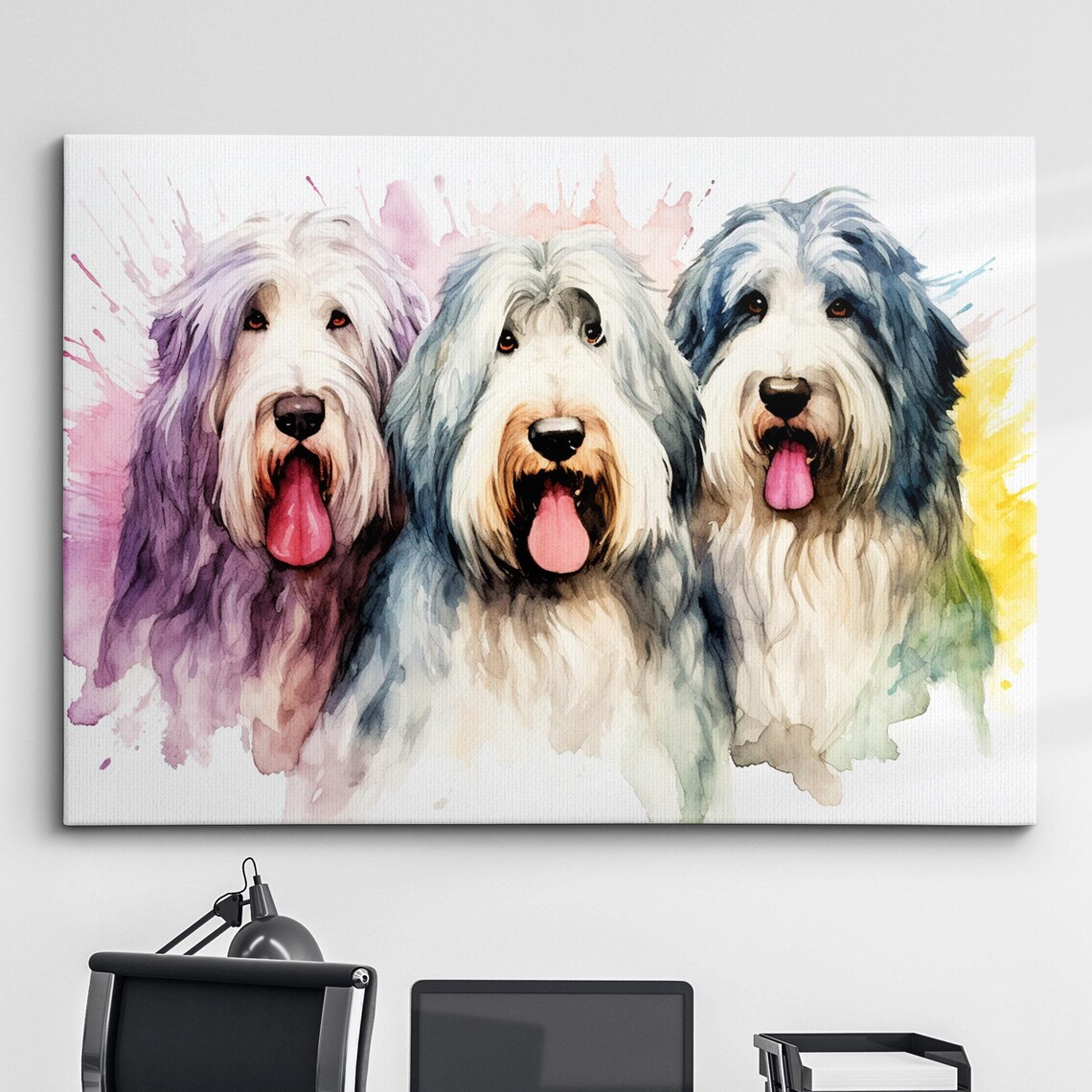 Three Shaggy Shepherd Dogs Watercolor Splatter Animal Poster