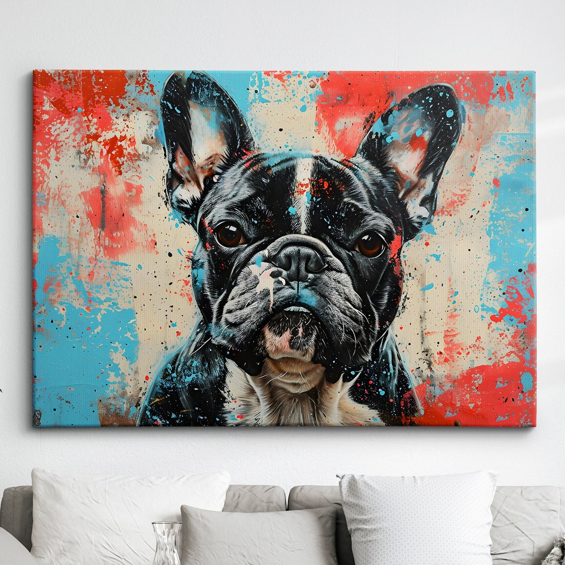 French Bulldog Pop Art Portrait Red Blue Splatter Paint Poster