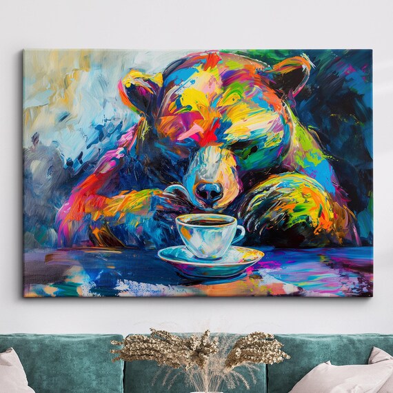 Colorful Bear Coffee Mug Animal Abstract Oil Painting Wall Art Framed Canvas Poster Print Home Kitchen Living Room Decor