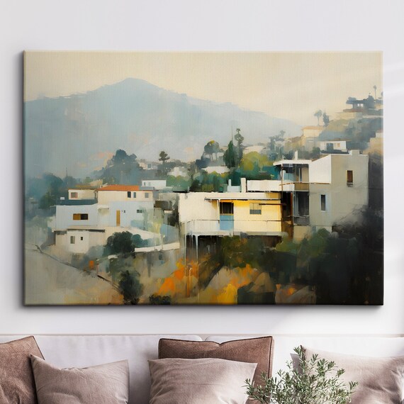 Hollywood Hillside Houses Misty Morning Abstract Oil Painting Poster