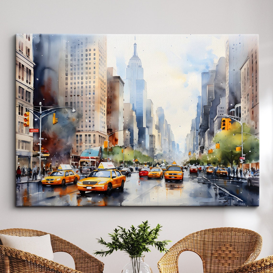 New York City Street Yellow Cab Landmark Oil Painting Watercolor Wall Art Framed Calming Canvas Poster Print Homeoffice Room Decor Gifts