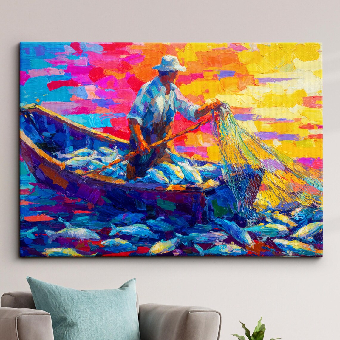 Fisherman Casting Net Sunset Boat Colorful Impasto Painting Poster