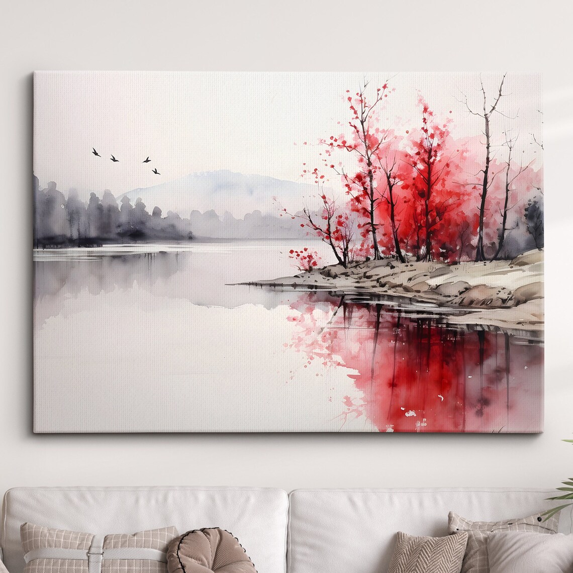 Red Trees Lake Watercolor Landscape Serene Nature Painting Poster