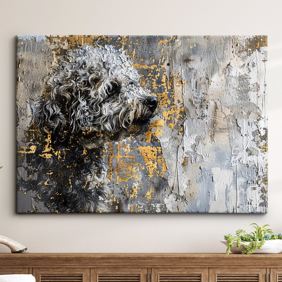 Grey Cockapoo Portrait With Gold Leaf Abstract Oil Painting Poster