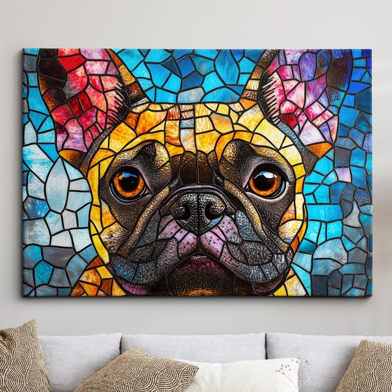 French Bulldog Stain Glass Window Painting Dog Pet Abstract Modern Oil Wall Art Framed Canvas Poster Print Home Kitchen Office Room Decor