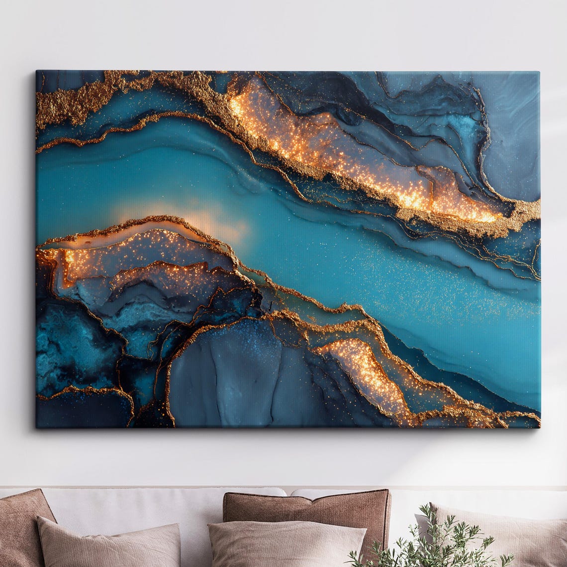 Teal and Navy Marble with Gold Veins Abstract Artwork Poster