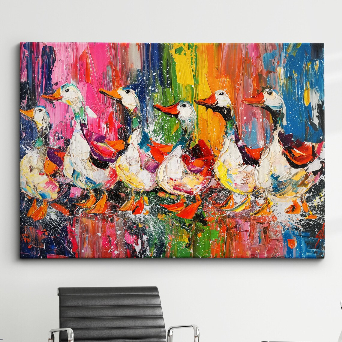 Colorful Ducklings in a Row Rainbow Oil Paint Animal Art Poster
