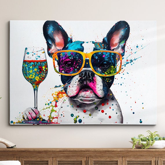French Bulldog Toasting Drink Dog Pet Abstract Modern Painting Wall Art Framed Canvas Poster Print Home Kitchen Office Room Decor Gifts