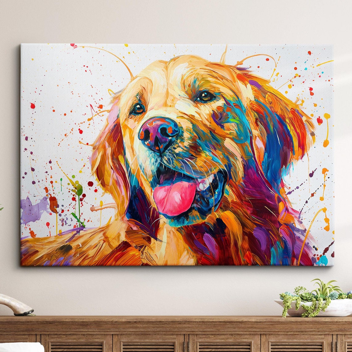 Happy Golden Retriever Rainbow Splash Face Modern Painting Poster
