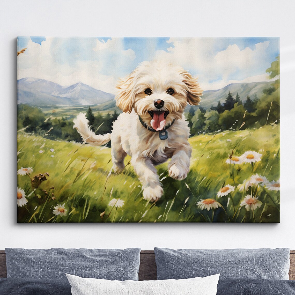Bichon Frise Puppy Running Wildflower Meadow Watercolor Poster