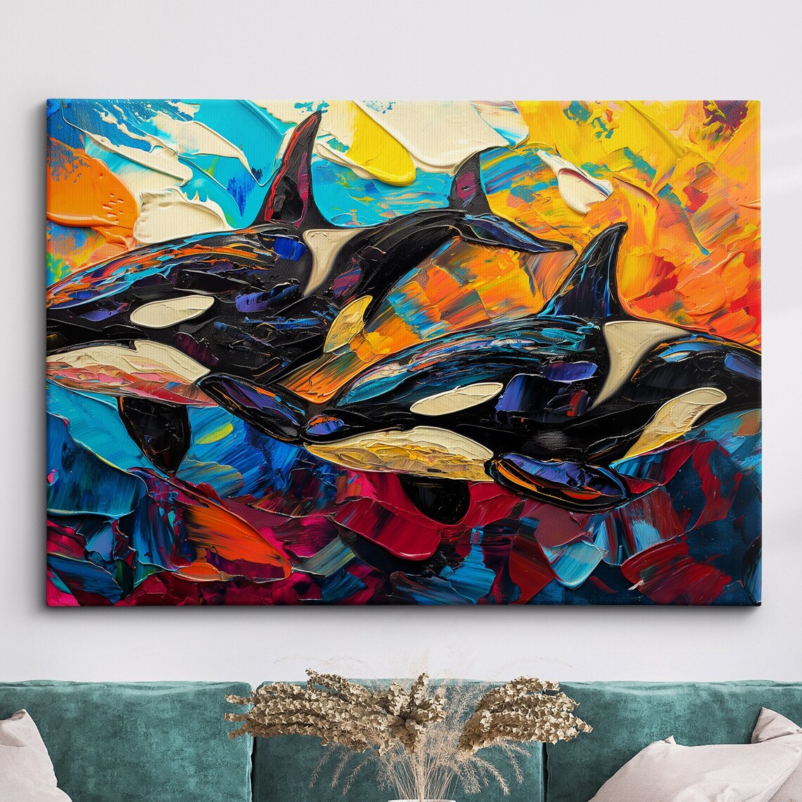 Two Orca Whales Impasto Oil Painting With Vivid Sunset Colors Poster