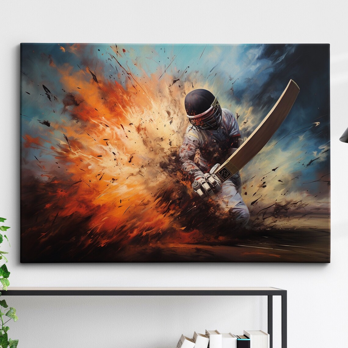 Cricket Batsman Explosive Abstract Oil Painting Sports Poster
