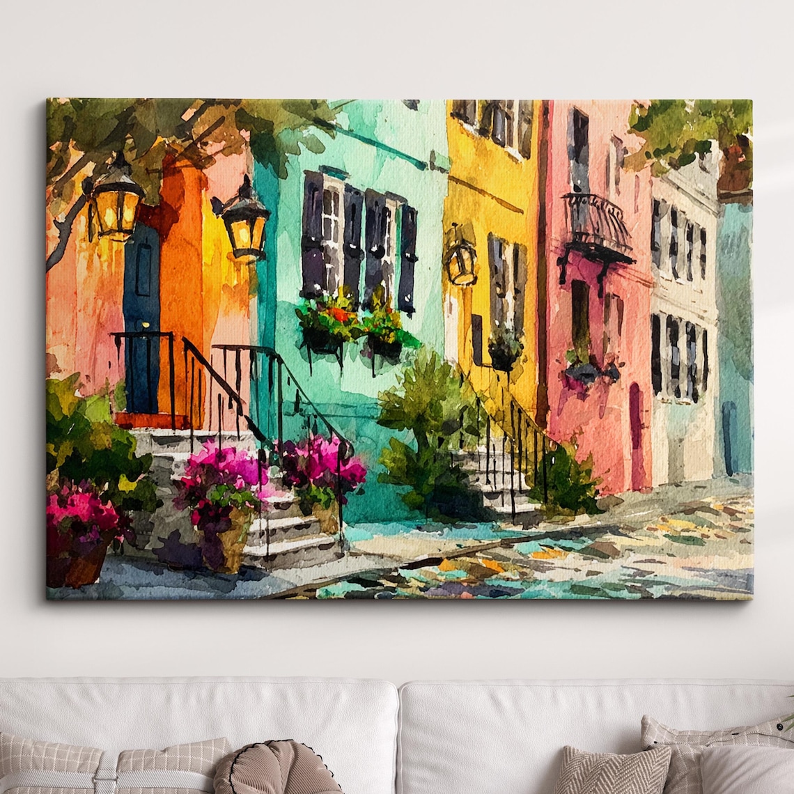 Colorful Street Row Houses Lanterns Watercolor Painting Poster