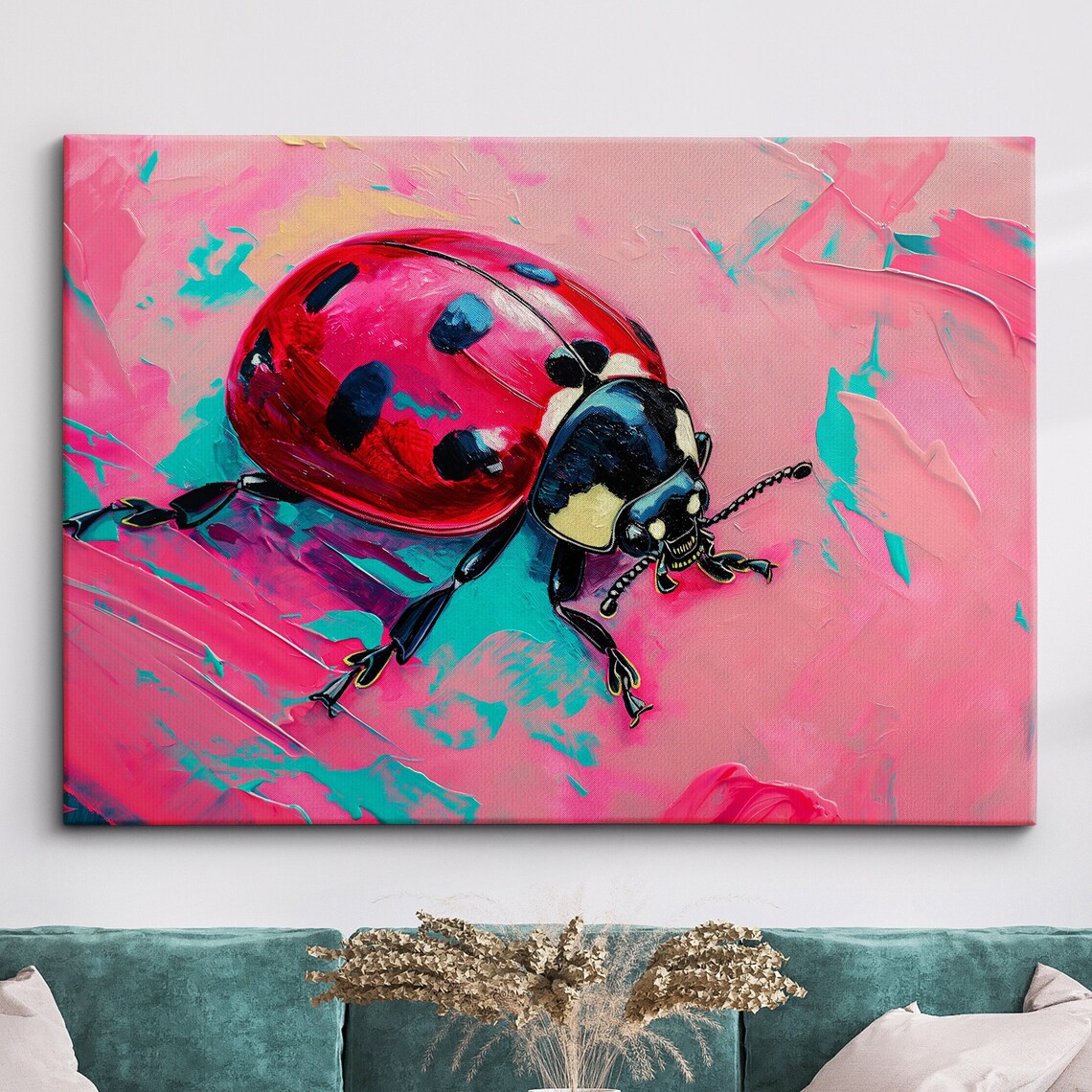 Ladybug Pop Art Neon Pink Turquoise Impasto Oil Painting Poster