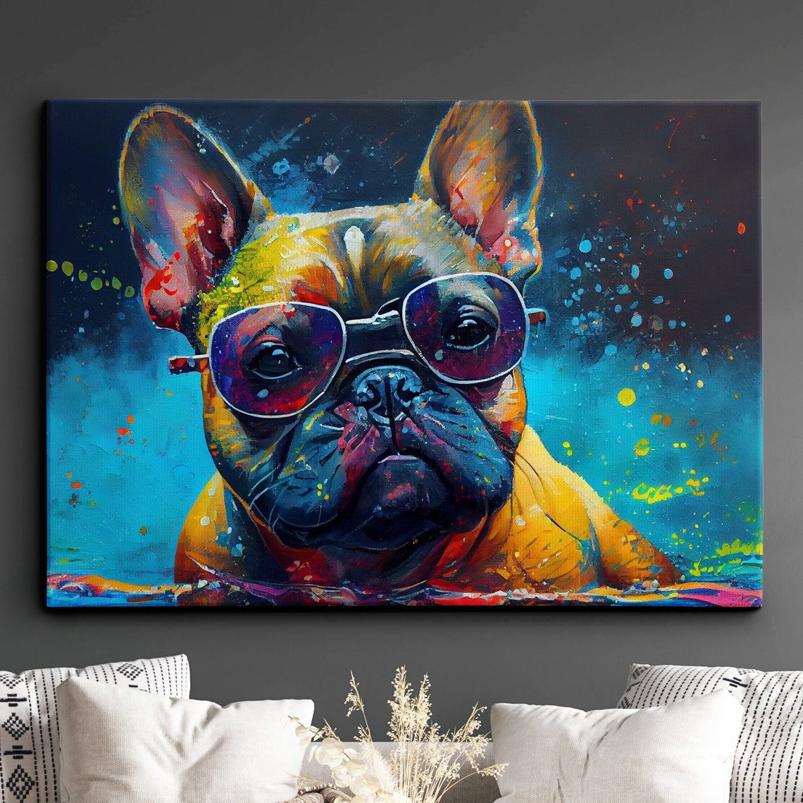 Colorful French Bulldog Dog Pet Abstract Modern Oil Painting Wall Art Framed Canvas Poster Print Home Kitchen Office Room Decor Gifts