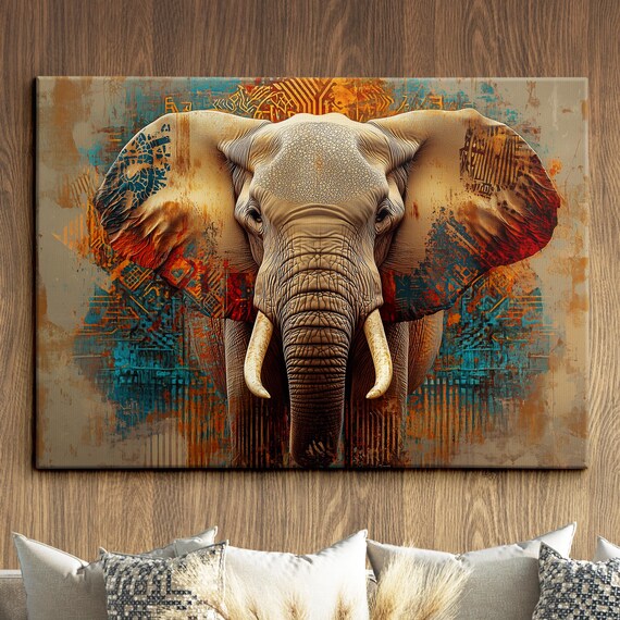 Elephant Animal Abstract Oil Painting Colourful Paint Splatter Style Wall Art Framed Canvas Poster Print Homeoffice Room Decor Gifts