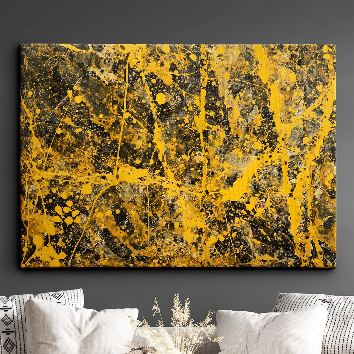 Black and Gold Splatter Abstract Painting Dramatic Modern Wall Art