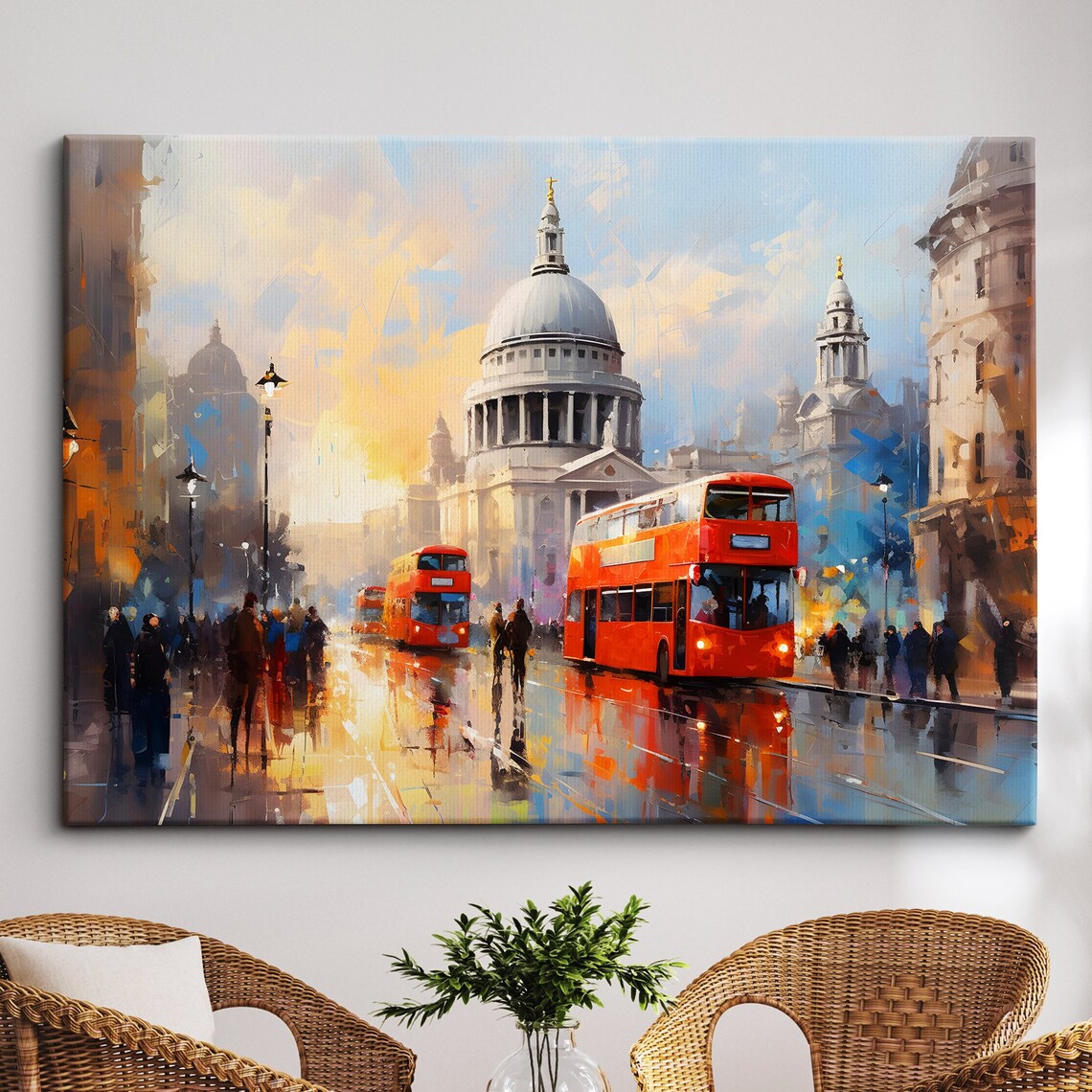 London St Pauls Cathedral Red Buses Impressionist Oil Painting Poster