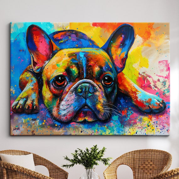 Colorful French Bulldog Abstract Modern Oil Painting Wall Art Framed Canvas Poster Print Home Kitchen Office Room Decor Dog Gift Ideas