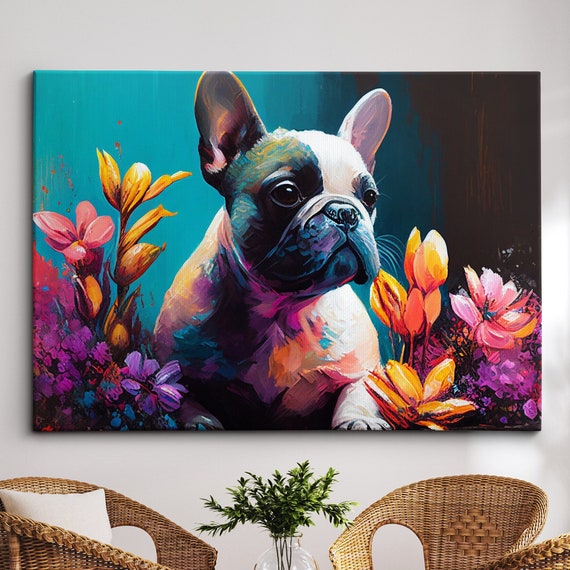 French Bulldog With Flowers Dog Pet Abstract Modern Oil Painting Wall Art Framed Canvas Poster Print Home Kitchen Office Room Decor Gifts