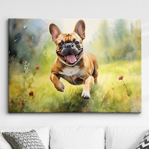 French Bulldog Dog Pet Field Abstract Watercolor Painting Wall Art Framed Canvas Poster Print Home Kitchen Living Room Decor Gifts