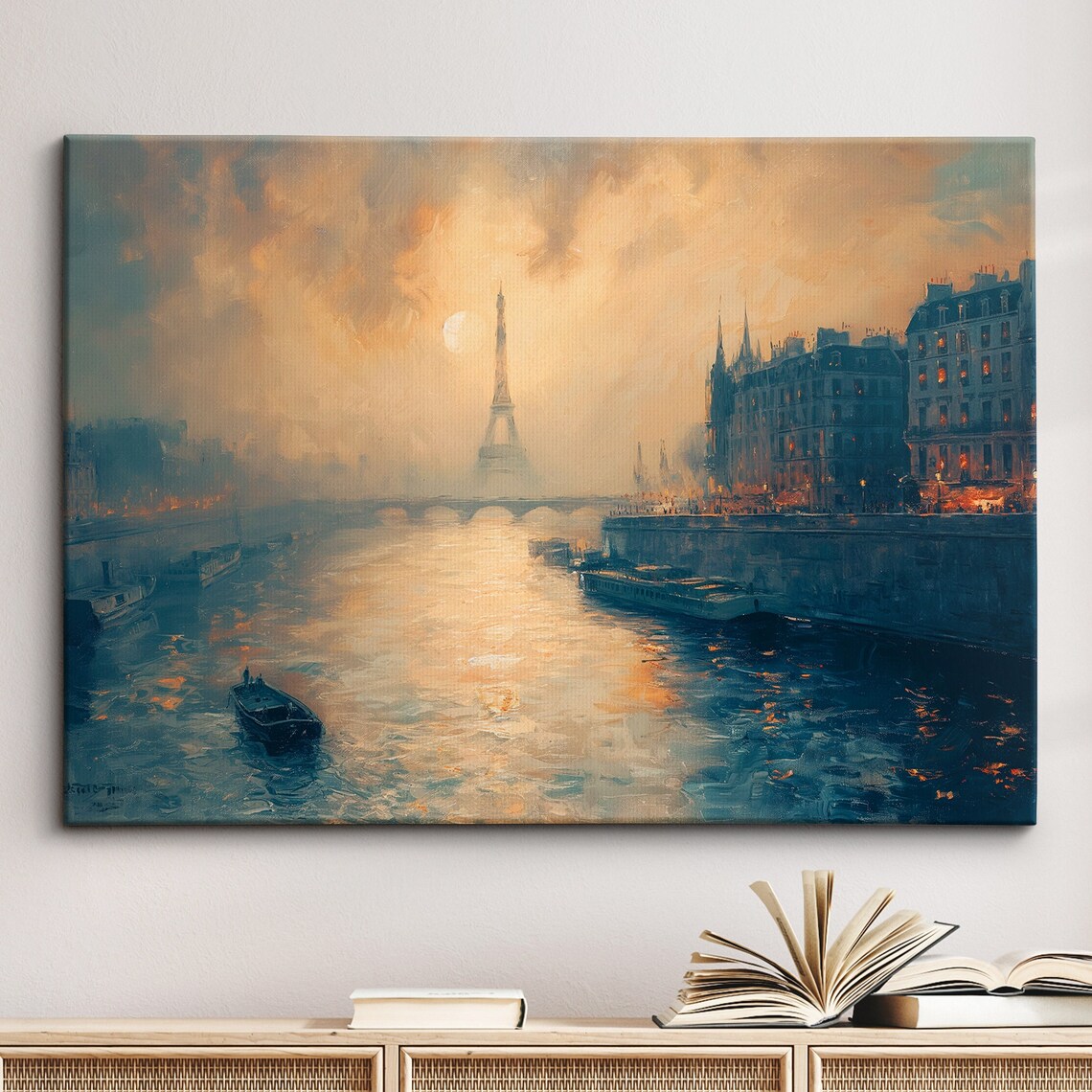 Paris Eiffel Tower Evening River Seine Oil Painting Travel Poster