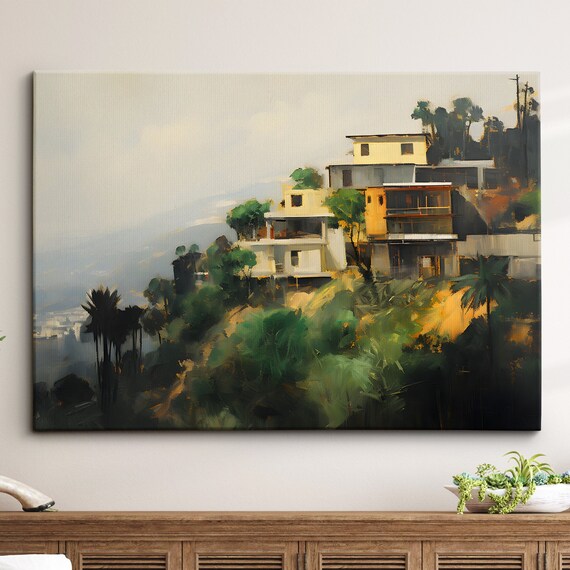 Los Angeles Hillside Houses Oil Painting California Art Poster