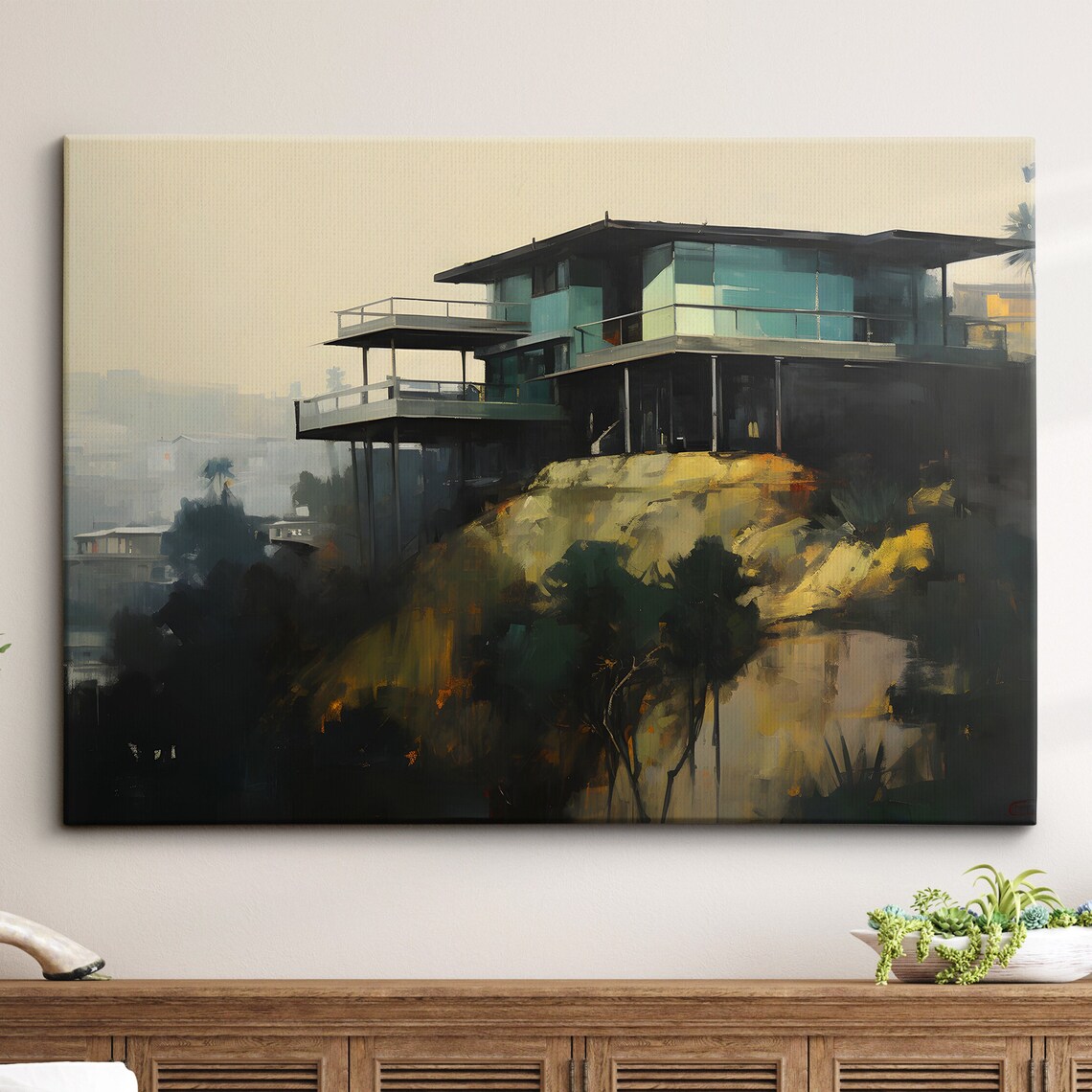 Hollywood Hills Modern Glass House Sunset Oil Painting Poster