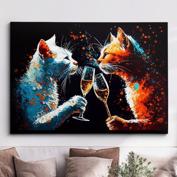 Two Cats Toasting Champagne Glasses Blue and Orange Abstract Oil Poster