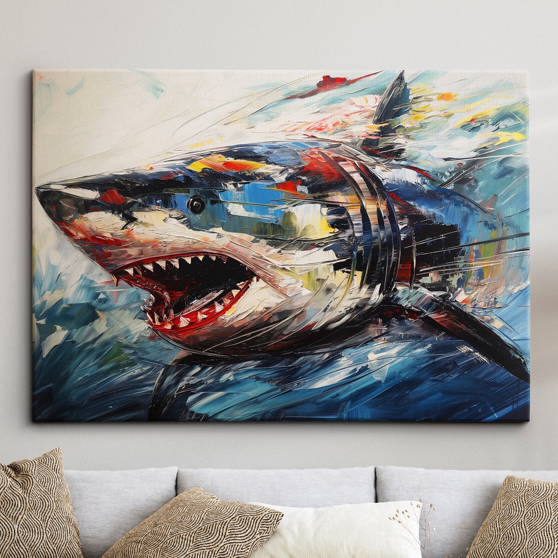 Great White Shark Jaws Open Abstract Blue Ocean Painting Poster