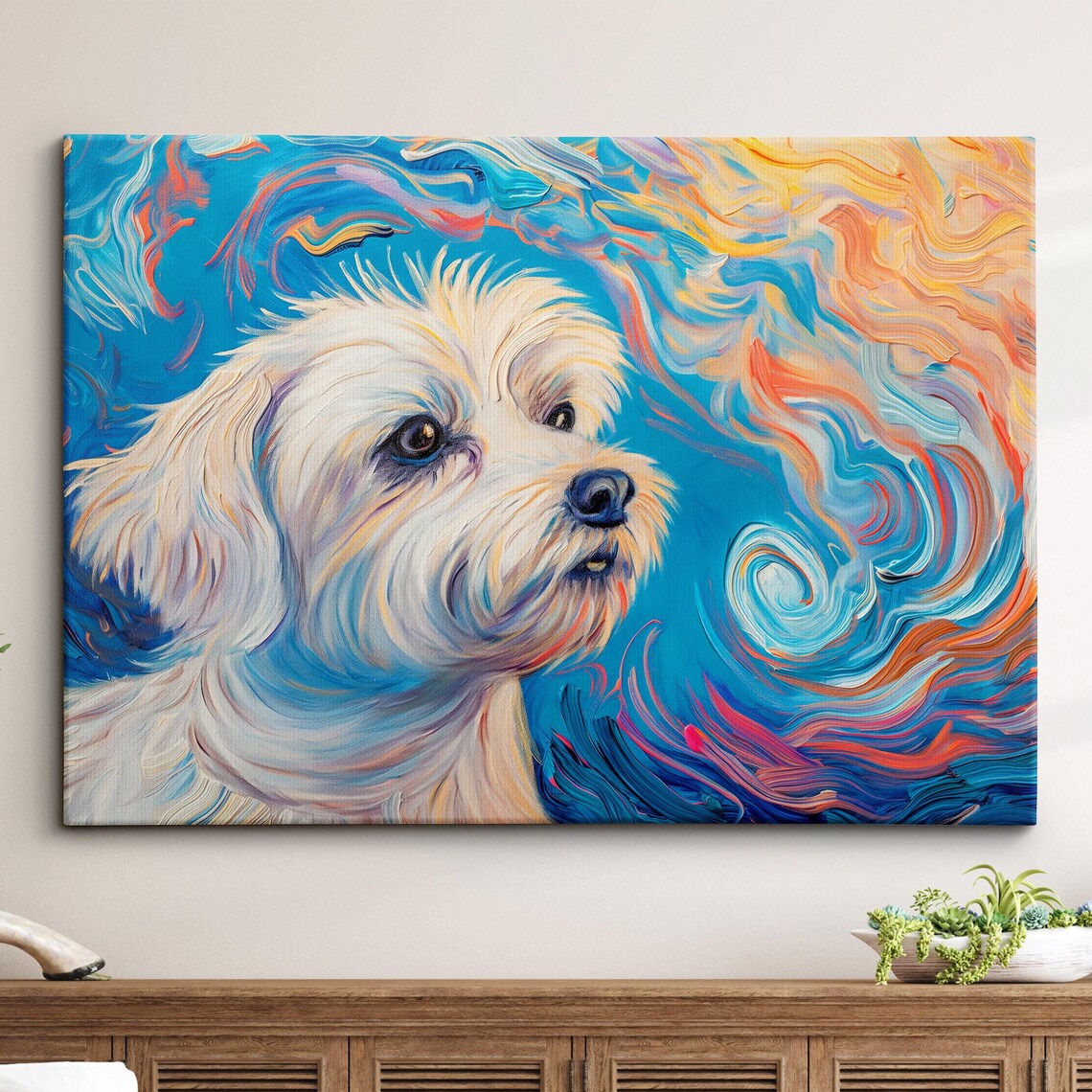 White Fluffy Dog Portrait Swirling Blue Oil Painting Art Poster