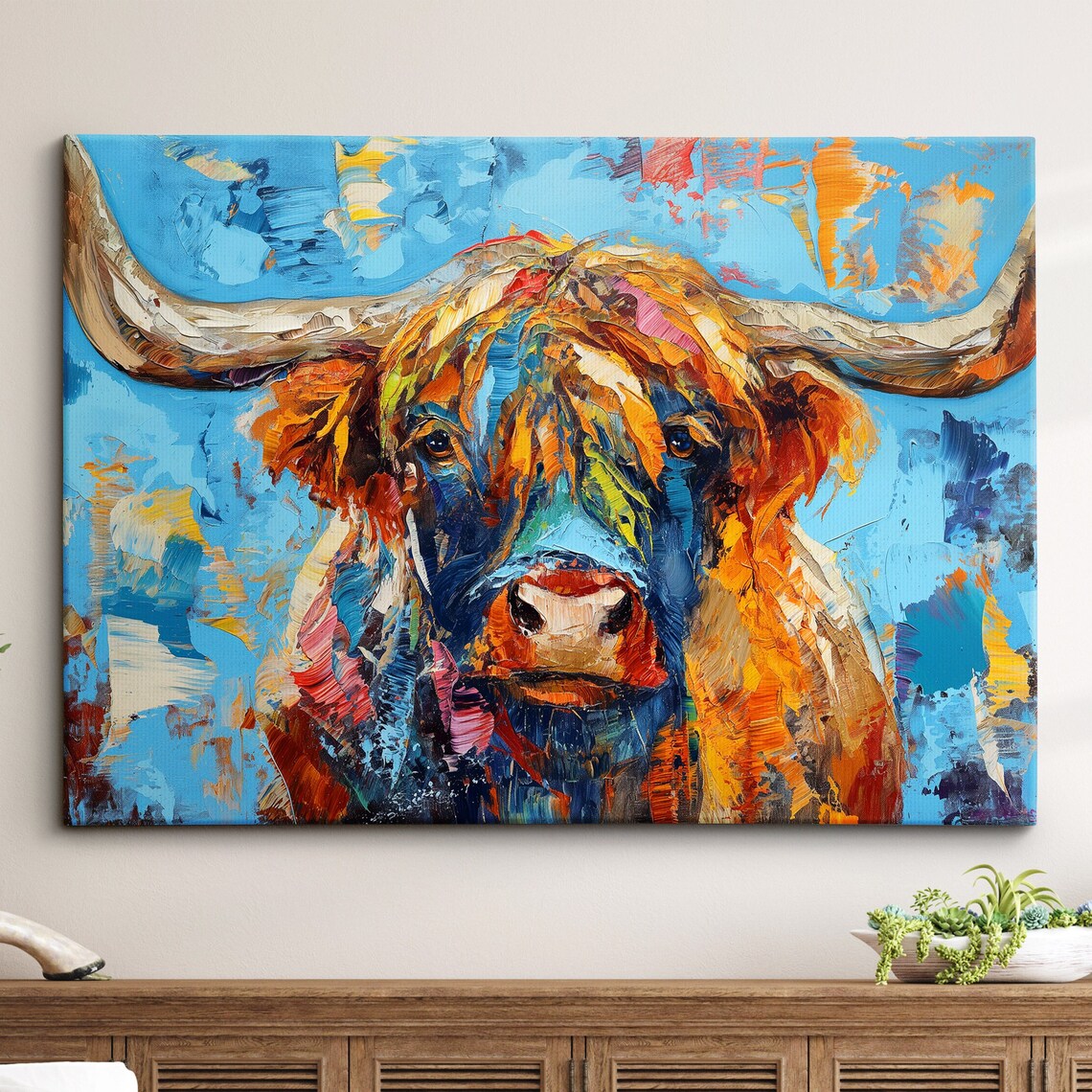 Highland Cow Abstract Oil Painting, Colourful Style