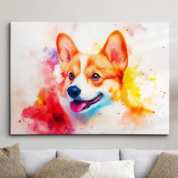 Pembroke Welsh Corgi Dog Pet Abstract Watercolor Painting Wall Art Framed Canvas Poster Print Home Kitchen Living Room Decor Gifts