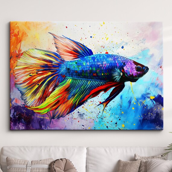 Betta Fish Fighting Animal Abstract Oil Painting Paint Splatter Wall Art Framed Canvas Poster Print Home Living Room Decor Fun Gift