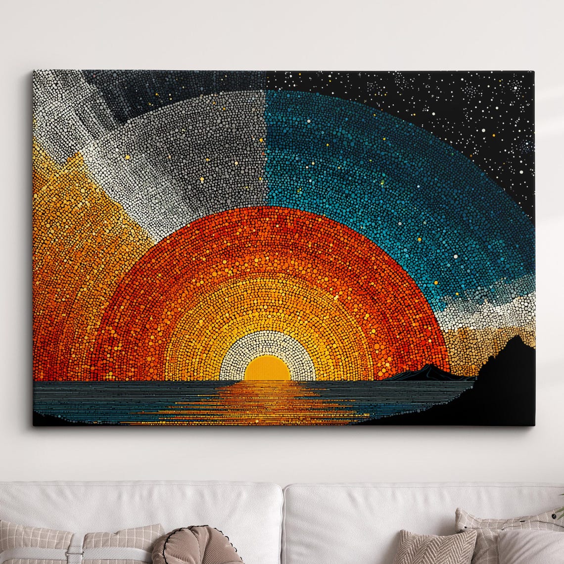 Dotted Ocean Sunset Waves Pointillism Coastal Canvas Art Poster