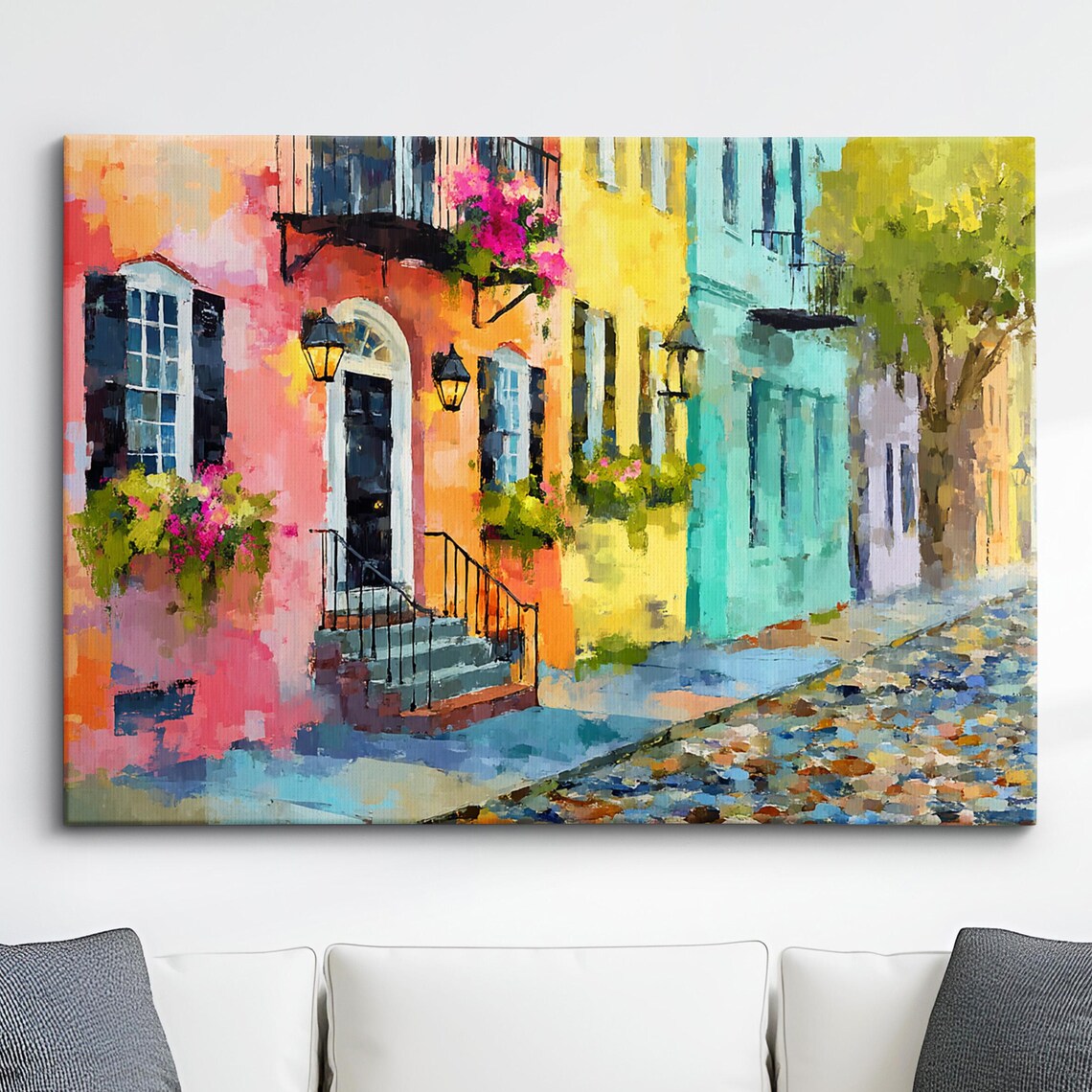 Pink Row Houses Flower Baskets Colorful Street Painting Poster