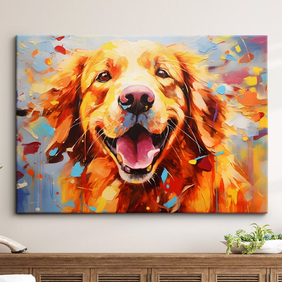 Colorful Golden Retriever Dog Pet Abstract Modern Oil Painting Wall Art Framed Canvas Poster Print Home Kitchen Living Room Decor Gift