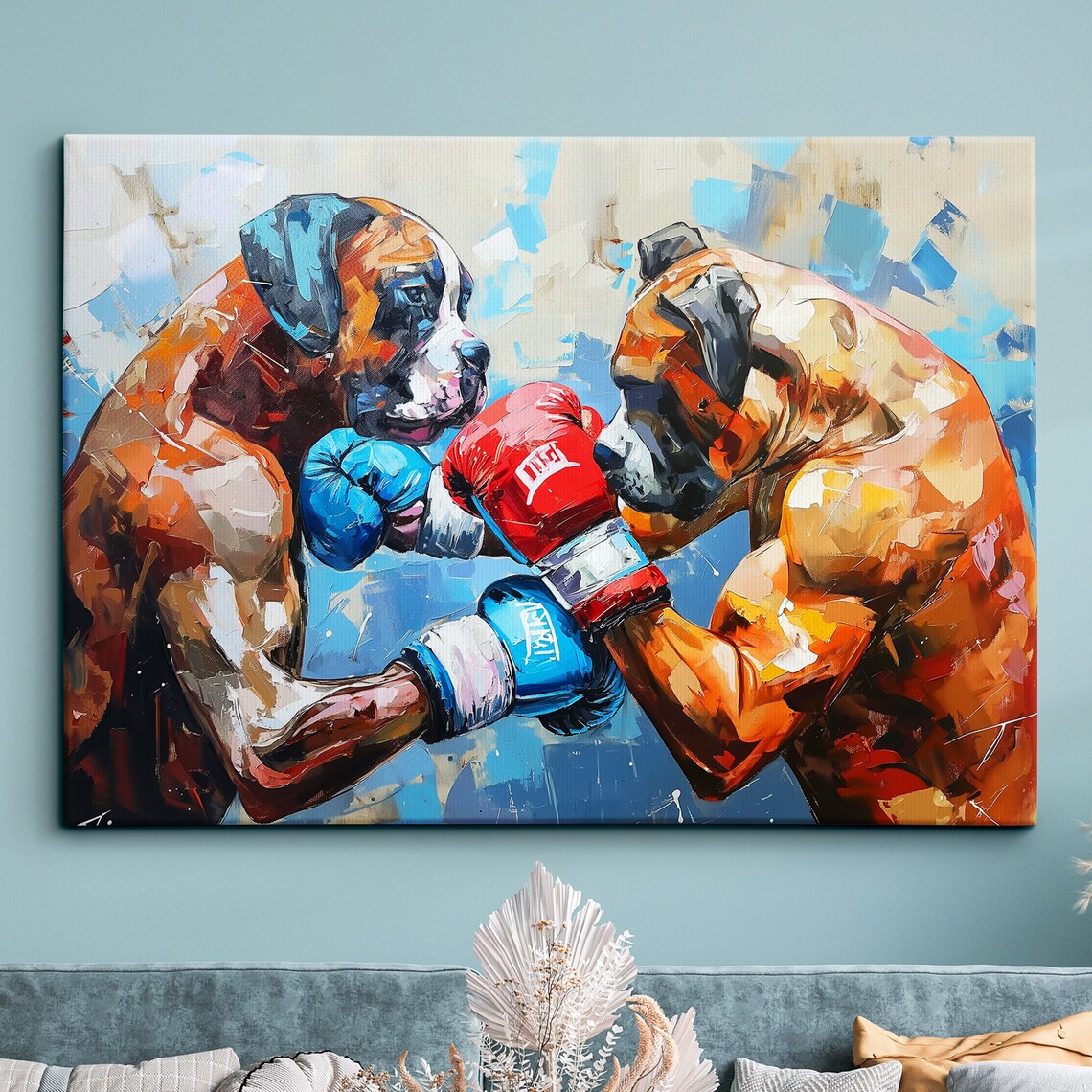 Boxer Dogs Boxing Gloves Fight Night Funny Animal Painting Poster