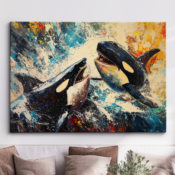 Vs Orca Sea Animal Abstract Oil Painting Colourful Paint Splatter Style Wall Art Framed Canvas Poster Print Homeoffice Room Decor