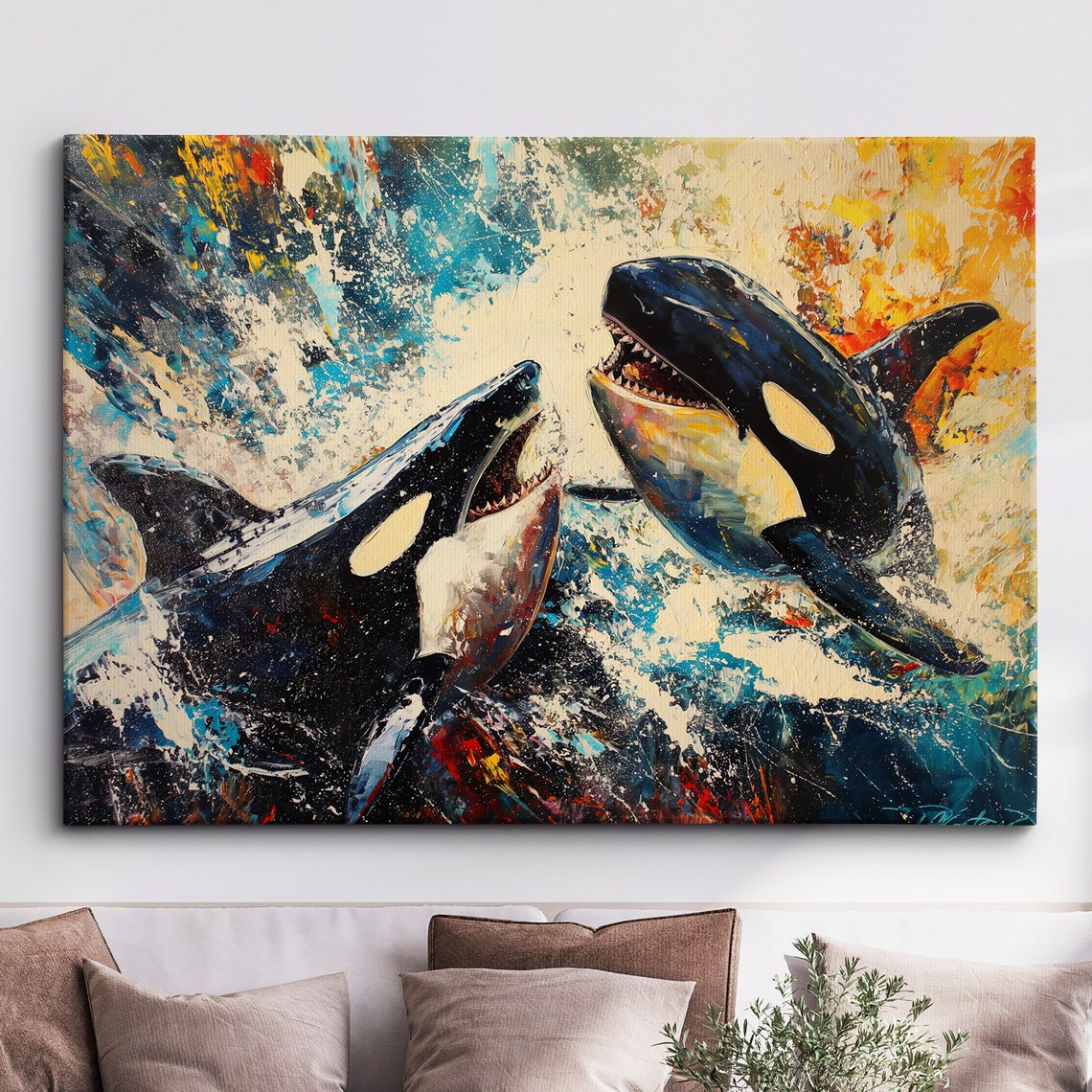Two Orcas Killer Whales Dramatic Ocean Abstract Painting Poster