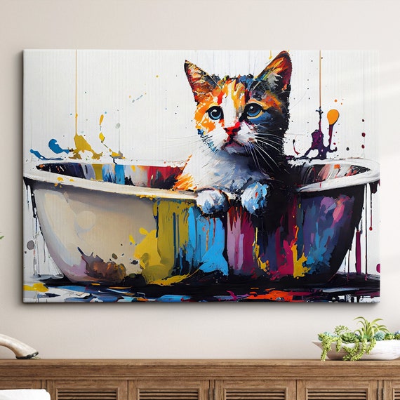 Cat In Bathtub Abstract Pet Animal Painting Splatter Wall Art Framed Canvas Poster Print Home Kitchen Office Room Decor Gifts