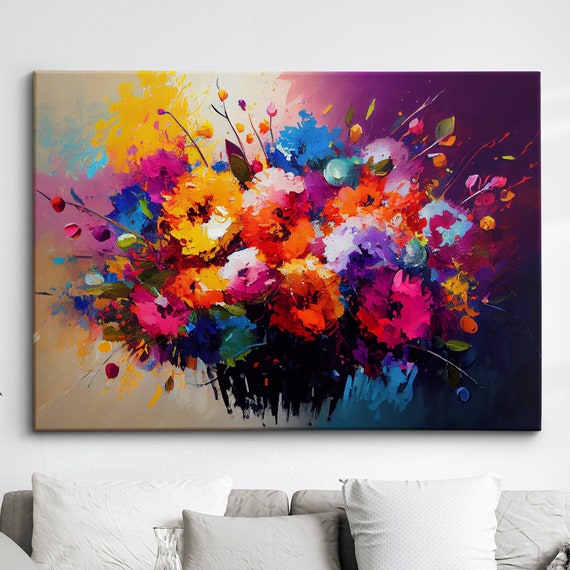 Flowers Paint Splash Abstract Oil Painting Style Wall Art Framed Canvas Poster Print Home Kitchen Office Room Decor Gifts